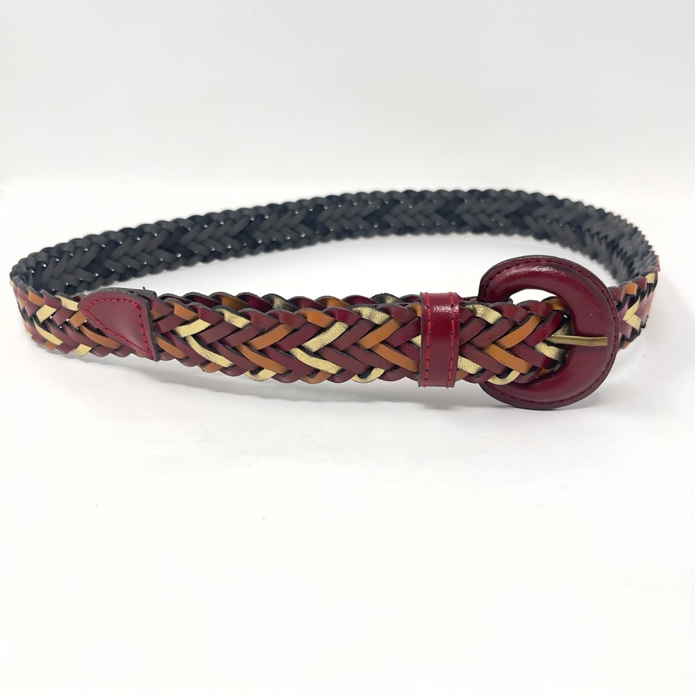 Vintage Woven Leather Belt, Multi Color Red leather Buckle,‎ Boho Statement